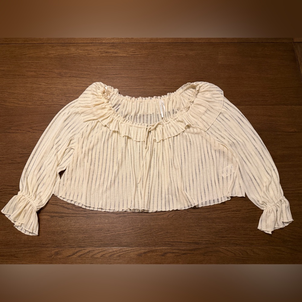 Anthropologie Long Sleeve Sheer Off-Shoulder Striped Crop Blouse Ivory